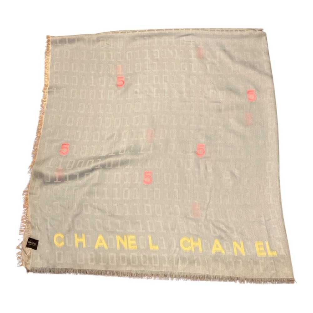 Chanel Scarf Wrap Silk Cashmere Light Blue Spell Out Binary Numbers Fringe 56x56 - Picture 2 of 7